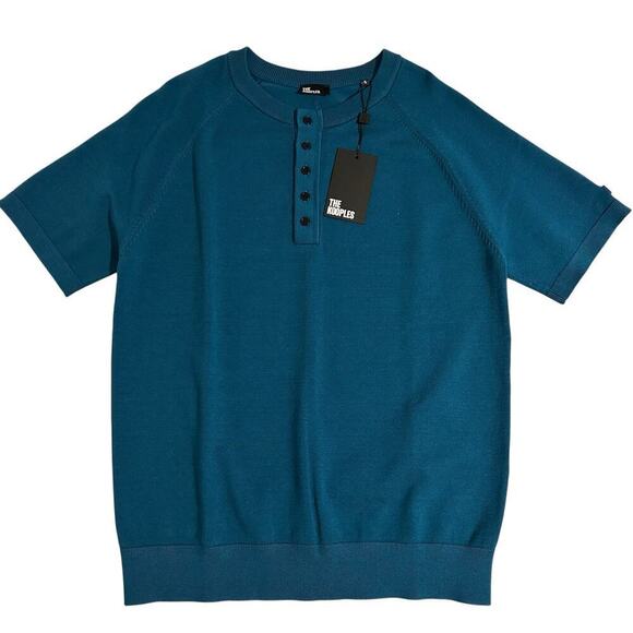 NWT The Kooples Short Ragland Sleeves Henley Knitted Sport Top Blue Medium - Picture 1 of 8